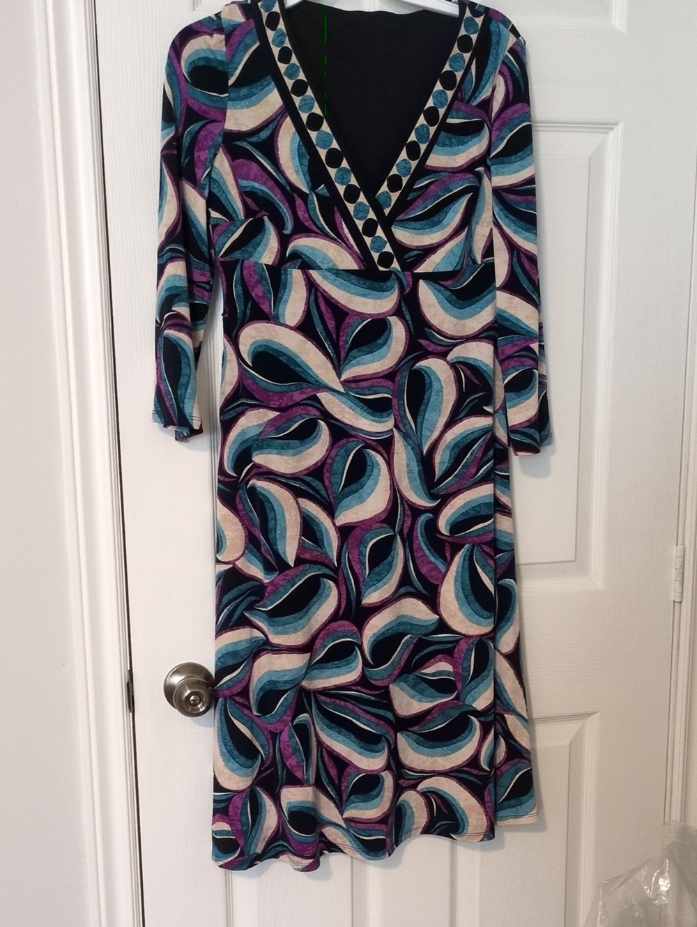 V-Neck Abstract Print Dress in Teal, Purple & Cream